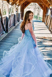 Charming Strapless Blue Ruffles Long Prom Dress with Appliques HZ0527