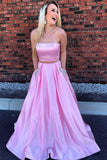 Strapless Two Piece Pink Long Beaded Prom Dress with Pockets HZ0527