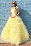 Princess Strapless Tiered Floor Length Yellow Ball Gown Prom Dress HZ0527