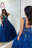 Ball Gown Royal Blue Beaded Long Plus Size Prom Gown with Open Back HZ0527