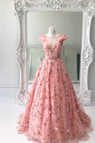 Princess A Line Floral Pink Cap Sleeves Long Prom Dress HZ0527