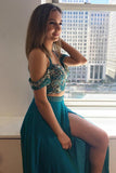 Two Piece Turquoise Cold Sleeves Split Long Beading Prom Dress HZ0527