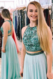 Two Piece Sage Chiffon Beading Long Cheap Prom Dress HZ0527