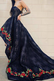 Strapless Embroidery Floral Hi-Low Black Prom Dress with Train HZ0527