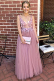 Elegant V Neck Flower Appliques Long Prom Evening Dress HZ0527
