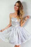 A-Line Strapless Gray Short Organza Homecoming Party Dress with Lace Appliques HZ0527
