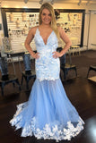 Mermaid V-Neck Tulle Long Prom Dress with Lace Appliques HZ0527