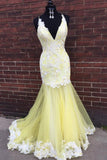 Mermaid V-Neck Tulle Long Prom Dress with Lace Appliques HZ0527