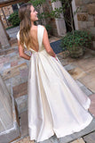 Fashion Boat Neck V Back Floral Embroidery Long Prom Dress with Pockets HZ0527