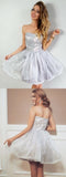 A-Line Strapless Gray Short Organza Homecoming Party Dress with Lace Appliques HZ0527