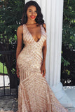 Charming Mermaid Backless Sequins Rose Gold Long Prom Dress HZ0527