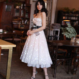 A Line Spaghetti Straps Tea Length Pearl Pink Prom Wedding Dress With Stars HZ0527