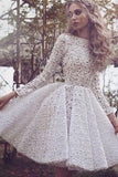 Chic Lace Scoop Long Sleeve Ivory Short Homecoming Dress Prom Party Dress HZ0527
