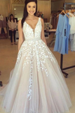 Promfast A-Line V Neck Light Long Prom Dresses With Tulle A-Line/Princess HZ0527