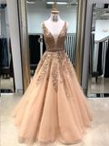 Promfast A-Line V Neck Light Long Prom Dresses With Tulle A-Line/Princess HZ0527