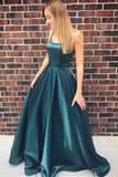 A-Line Scoop Backless Sweep Train Simple Prom Dress with Pockets HZ0527