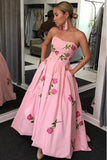 A-Line Sweetheart Strapless Pink Long Prom Dress With Embroidery Pockets HZ0527