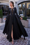 A-Line Round Neck Long Sleeves Black Long Prom Dress HZ0527