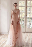 Ombre A Line Long Tulle Spaghetti Straps Prom Dresses With Beads HZ0527