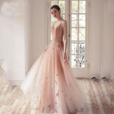 Ombre A Line Long Tulle Spaghetti Straps Prom Dresses With Beads HZ0527
