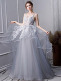 Gray A Line Long Spaghetti Straps Prom Dresses With Lace HZ0527