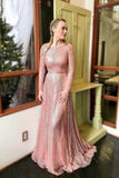 Sparkly Blush Pink Long Prom Dresses with Long Sleeves HZ0527