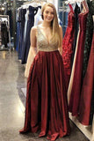 Burgundy A-line Beaded Prom Dresses V-neck Formal Dresses With Pockets HZ0527