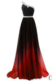 Cheap One Shoulder Ombre Beaded Long Evening Prom Dresses HZ0527