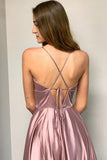A Line Pink Spaghetti Straps Long Split Prom Dresses With Pockets HZ0527
