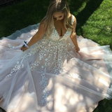 Promfast A-Line V Neck Light Long Prom Dresses With Tulle A-Line/Princess HZ0527