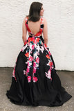 A Line Black V Neck Appliques Prom Dresses, Long Cheap Prom Gown HZ0527