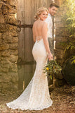 Mermaid Spaghetti Straps Backless Ivory Lace Wedding Dress HZ0527