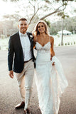 Sheath Spaghetti Straps Sweep Train Ivory Lace Wedding Dress HZ0527