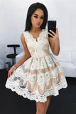 Off White Lace Short Prom Dress, Cute A Line Homecoming Dresses HZ0527