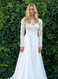 A-Line V-Neck Long Sleeves Wedding Dress with Lace Appliques HZ0527