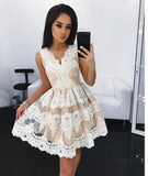 Off White Lace Short Prom Dress, Cute A Line Homecoming Dresses HZ0527