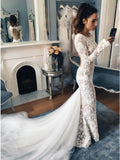 Mermaid Crew Long Sleeves Illusion Back Lace Wedding Dress HZ0527