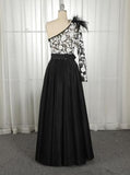 A-Line One-Shoulder Black Long Lace Appliqued Split Prom Dress with Pockets HZ0527