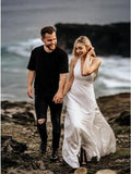 Sheath V-Neck Sweep Train Ivory Simple Wedding Dress Bridal Gown HZ0527