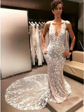 Mermaid V-Neck Backless Court Train Wedding Dress with Lace Appliques HZ0527