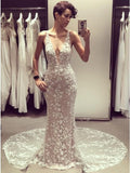 Mermaid V-Neck Backless Court Train Wedding Dress with Lace Appliques HZ0527