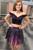 Two Piece Off the Shoulder Grape Sequined Short Homecoming Dress HZ0527