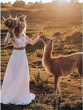 Two Piece Crew Long Sleeves White Chiffon Boho Wedding Dress with Lace HZ0527