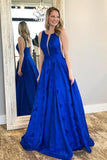 Charming A-Line Crew Floor-Length Royal Blue Printed Satin Prom Dresses HZ0527