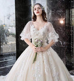 Charming Half Sleeves Ball Gown Wedding Dresses, Appliques V Neck Bridal Dress HZ0527