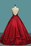 Burgundy Spaghetti Straps Beading Prom Dresses, Princess Ball Gown HZ0527