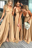 V Neck Split Cheap Long Sexy Bridesmaid Dresses Wedding Guest Dress HZ0527