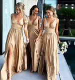V Neck Split Cheap Long Sexy Bridesmaid Dresses Wedding Guest Dress HZ0527