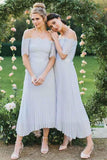 A-Line Off-the-Shoulder Short Sleeve Pleated Chiffon Bridesmaid Dress with Lace HZ0527