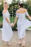 A-Line Off-the-Shoulder Short Sleeve Pleated Chiffon Bridesmaid Dress with Lace HZ0527